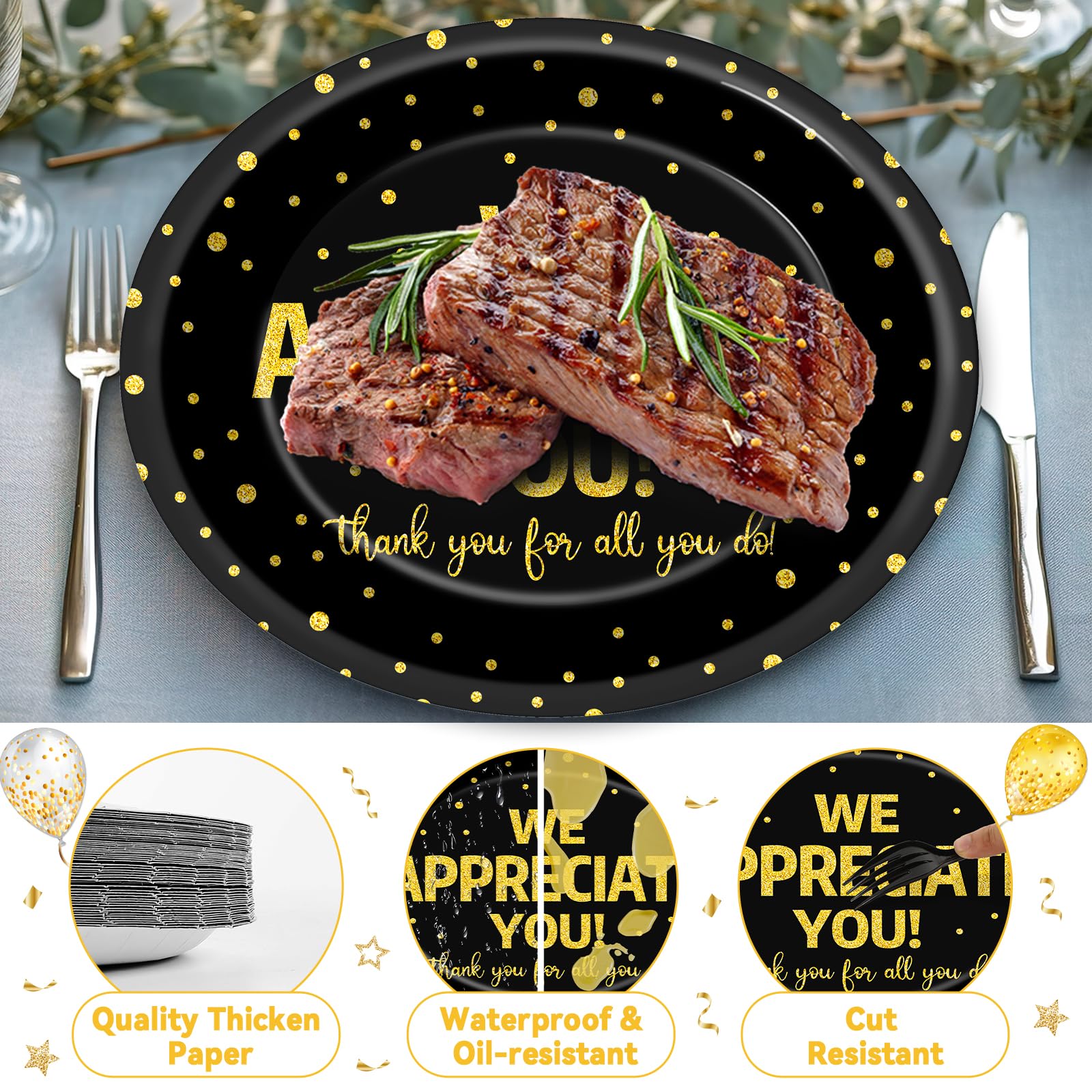 50 Pcs We Appreciate You Party Plates Thank You Paper Plate, Large 11 Inch Black and Gold Appreciation Week Dessert Tableware for Employee Volunteer Teacher Doctor Staff Thank You Party Decorations