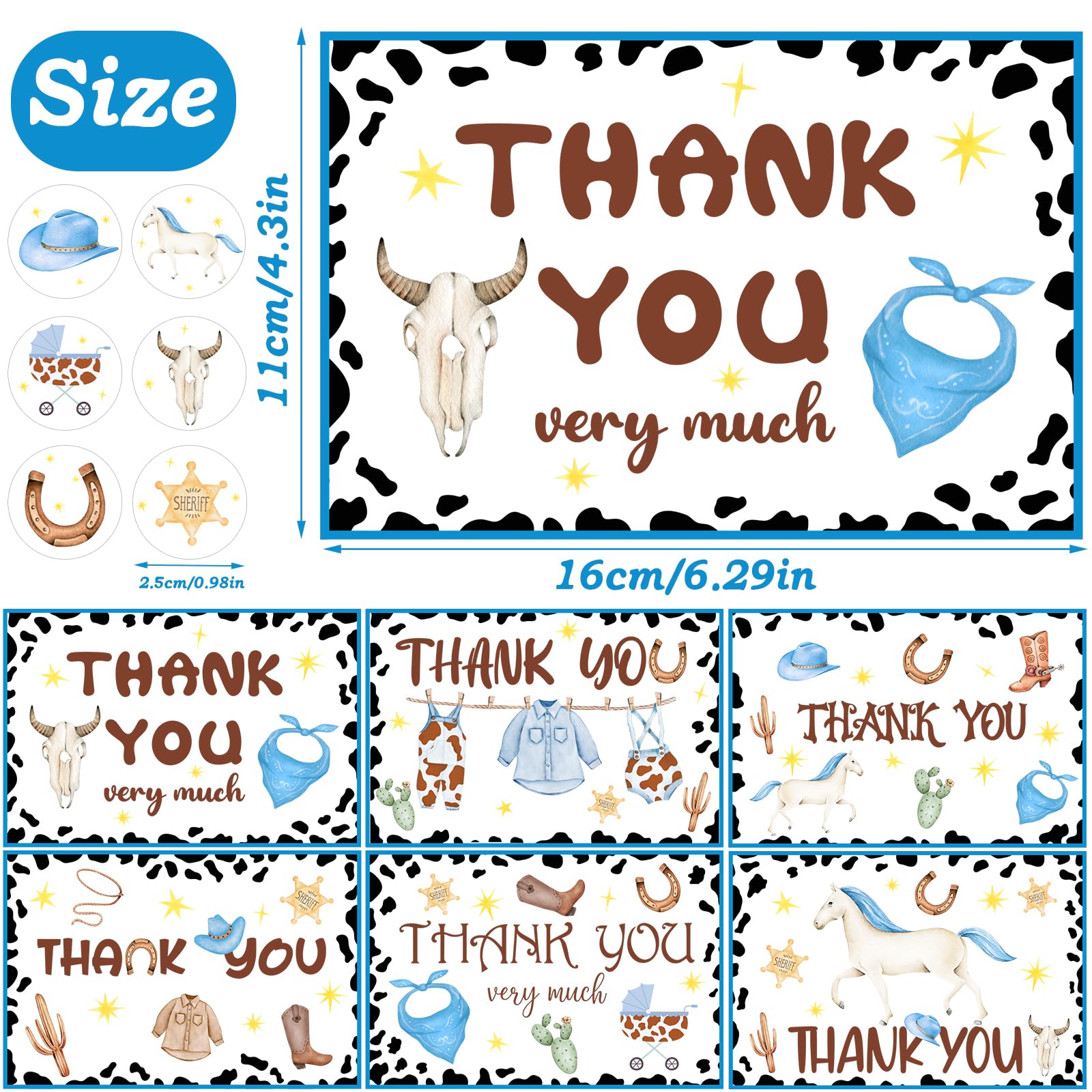 NODMIPNS 60 Pieces Little Cowboy Baby Shower Thank You Cards,Western Rodeo Thank You Cards Includes 30 Pieces Envelopes and 30 Pieces Cowboy Cards with Stickers for Baby Shower Wedding Bridal