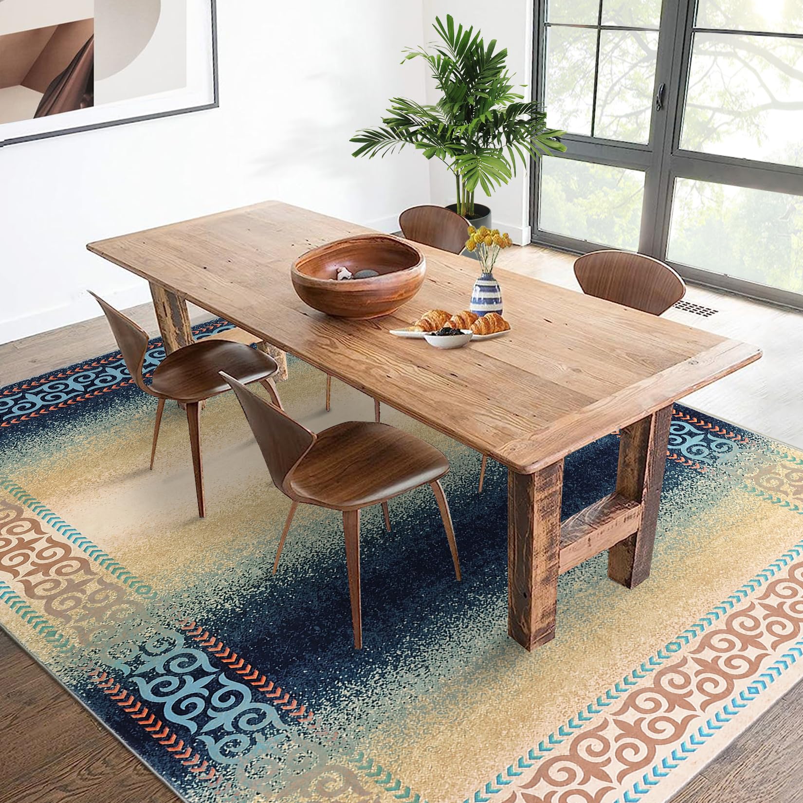 GarveeHome Washable Area Rugs 4x6 Rug Modern Living Room Rugs Non Slip Bedroom Rug Oriental Boho Rug Ultra Soft Low Pile Thin Carpet Stain Resistant Non Shedding Throw Rugs for Dining Room Blue 4'x6'