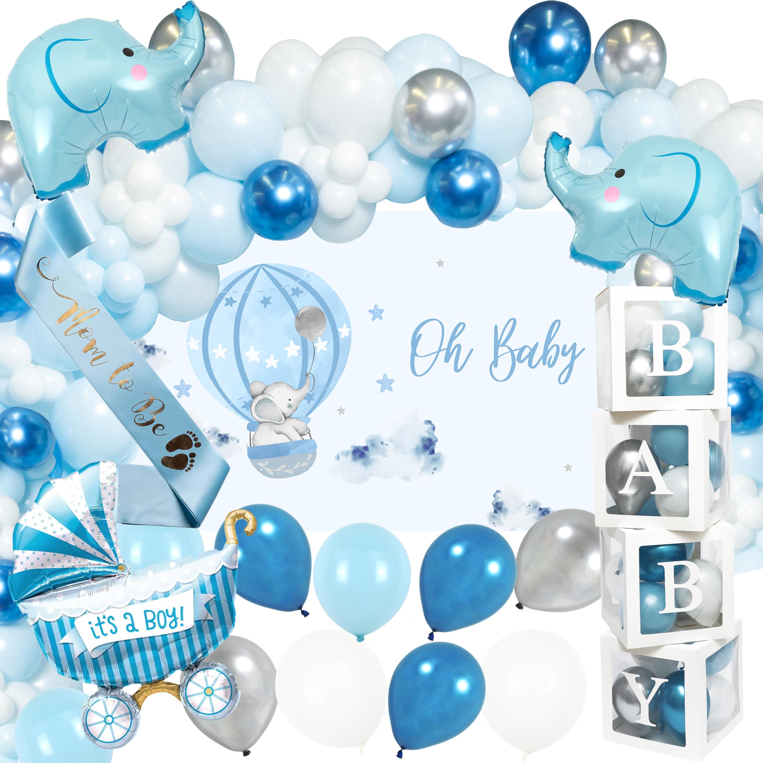 Vidal Crafts 139 PCs Elephant Baby Shower Decorations Boy-Adorable Elephant-Themed Baby Boy Shower Decorations, Complete Party Kit with Elephant Backdrop, Balloon Garland, BABY Boxes & Mom to Be Sash