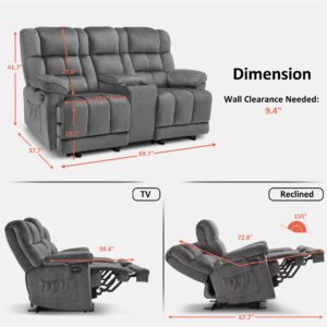 MCombo Fabric Power Loveseat Recliner with Console, Electric Reclining Loveseat Sofa with Heat and Vibration, USB Charge Ports for Living Room RS6234 (Grey)