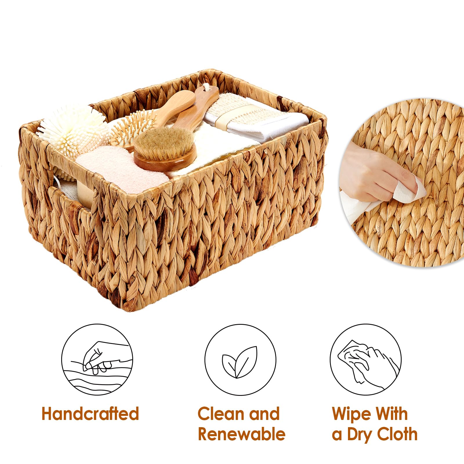 ROSOS Wicker Baskets 2 Pack, Water Hyacinth Wicker Storage Basket with Handles, Large Wicker Baskets for Storage, Wicker Baskets for Organizing, Large Rectangular Wicker Basket, Natural