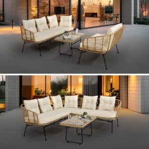 IDEALHOUSE 4 Pieces Patio Furniture Set,Boho L-Shaped Sofa Outdoor Furniture Lounge Set Conversation Sectional with Thick Cushions and Toughened Glass Coffee Table for Deck,Backyard, Porch