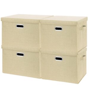 snwdn 4 pack collapsible fabric storage bins with lids fabric storage bins with lids for household and office use (beige 12.6x9.5x7.1 inches)