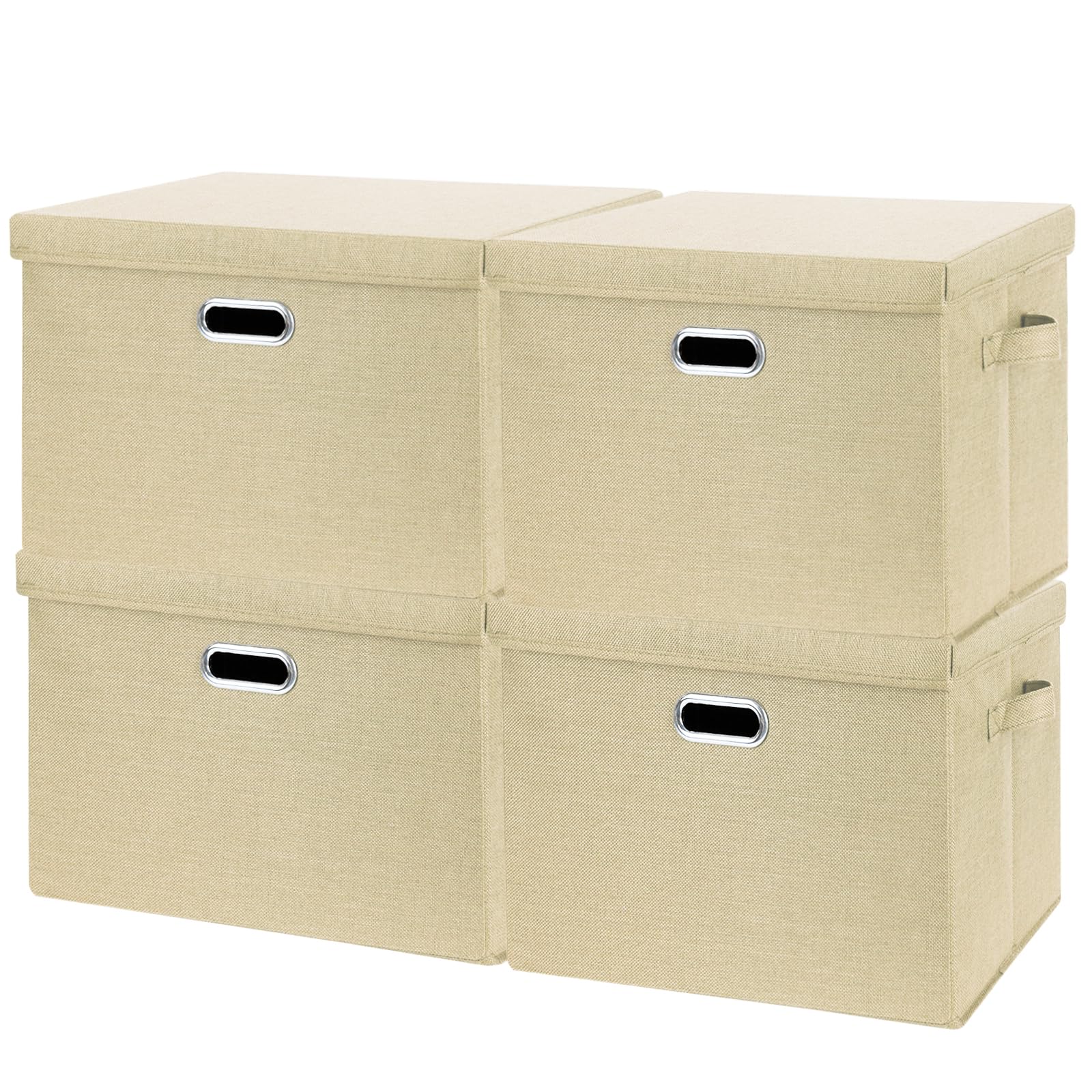 SNWDN 4 Pack Collapsible Fabric Storage Bins with Lids Fabric storage bins with Lids for Household and office use (Beige 12.6x9.5x7.1 inches)