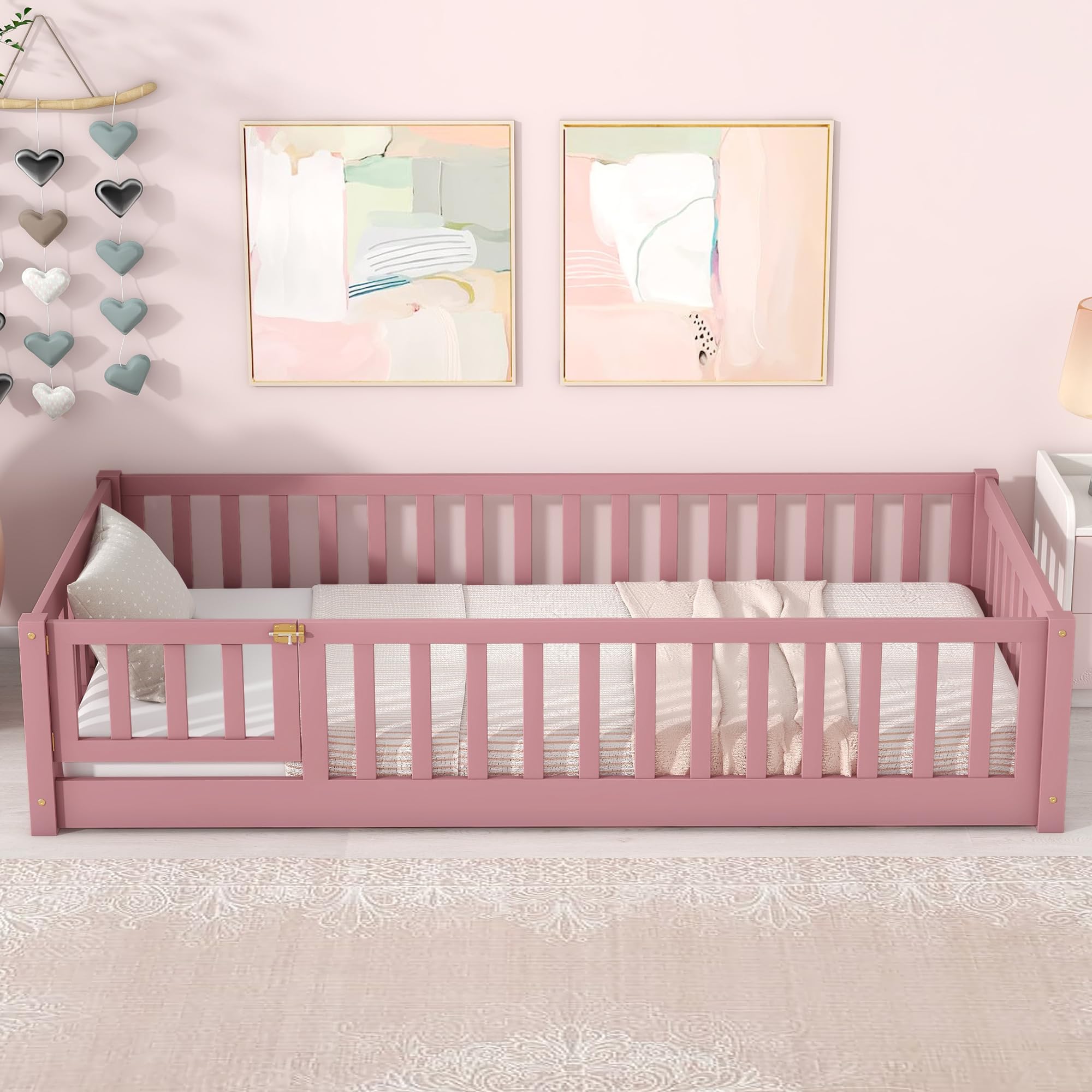 Brafab Montessori Floor Bed with Safety Guardrails and Convertible Door, Twin Size Solid Pine Wood Floor Bed Frame with Slats, Full Length Fence for Girls, Boys, Child Bedroom, Kids Playroom (Pink)