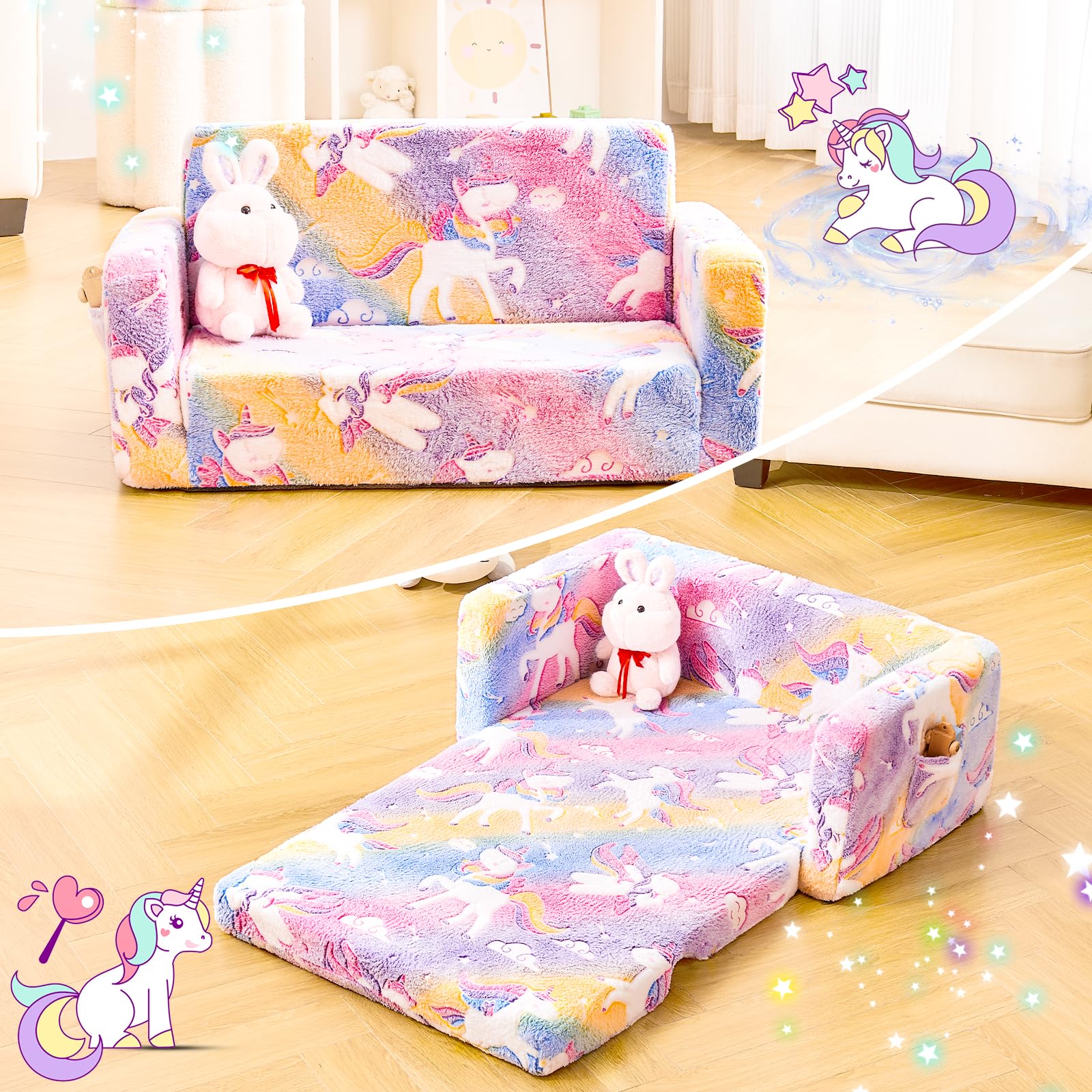 IFNOW Toddler Couch, Toddler Chair Folding, Kids Couch 2 in 1, Kids Sofa for Playroom-Extra Soft 2 Seats, Glow in The Dark Open Couch, Gifts for Kids, Sleeper for Girls Boys, Unicorn