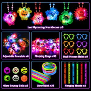 96 Pcs Halloween Party Favors Toys Bulk,Halloween Light Up Rings Glow Sticks Spin Necklace,Halloween Treats Non-Candy Goodie Bag Fillers Basket Stuffers Classroom Prizes Gifts for Kids Trick or Treats