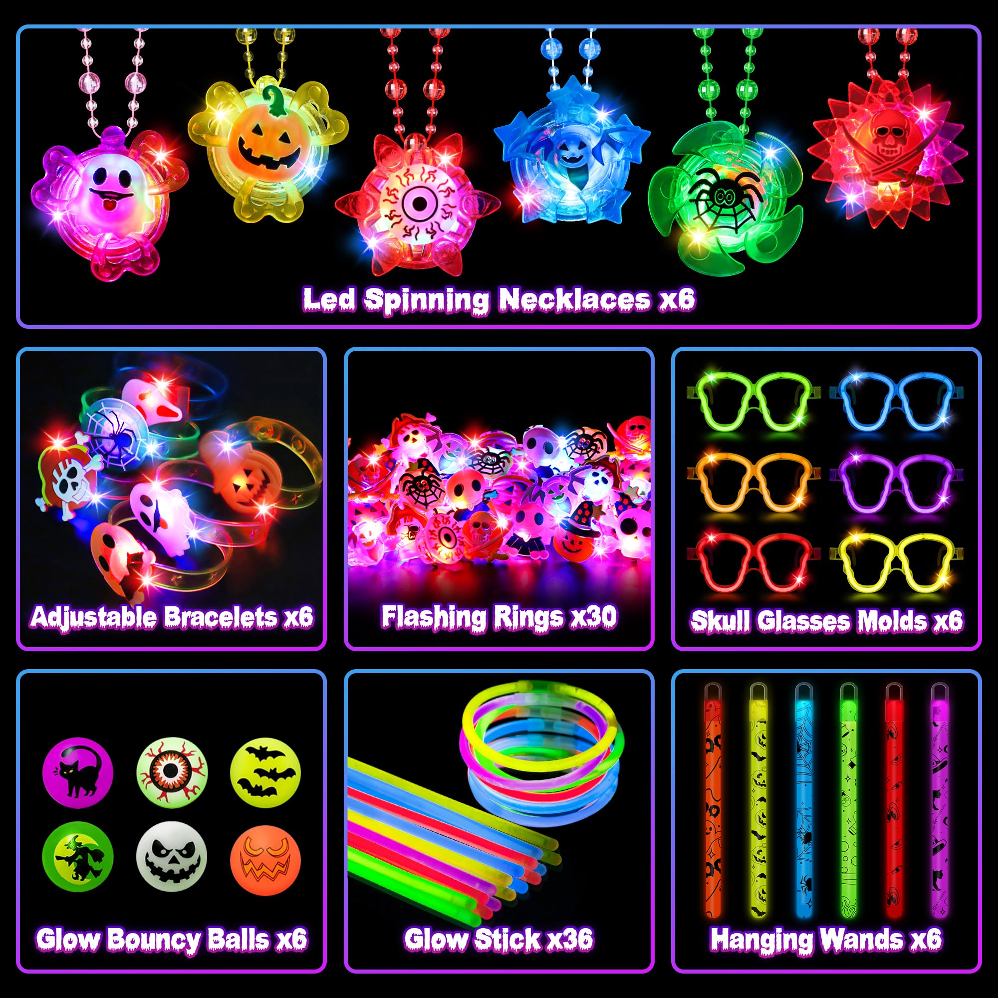 96 Pcs Halloween Party Favors Toys Bulk,Halloween Light Up Rings Glow Sticks Spin Necklace,Halloween Treats Non-Candy Goodie Bag Fillers Basket Stuffers Classroom Prizes Gifts for Kids Trick or Treats