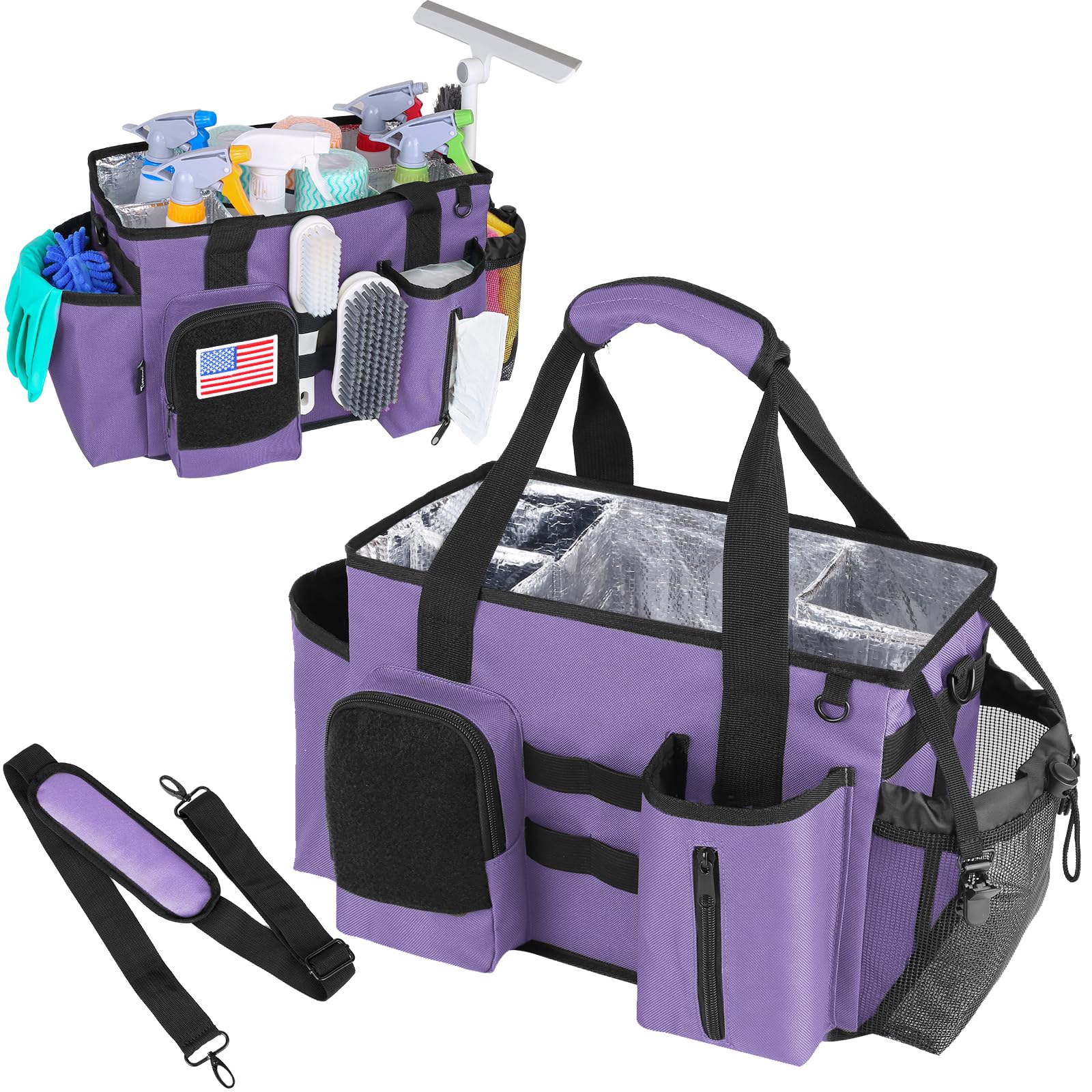 Timoxi Wearable Cleaning Caddy Bag, Cleaning Organizer with Handles, Cleaning Supply Tote with Adjustable Shoulder Strap for Cleaners & Housekeeper (Purple, 13.4'' x 7.3'' x 9.3'')