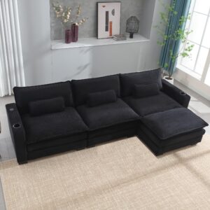 tmsan 117.7" l shaped sectional sofa with cup holders & usb ports, modern 3 seat cloud couch with double cushions & ottoman for living room, apartment, black corduroy