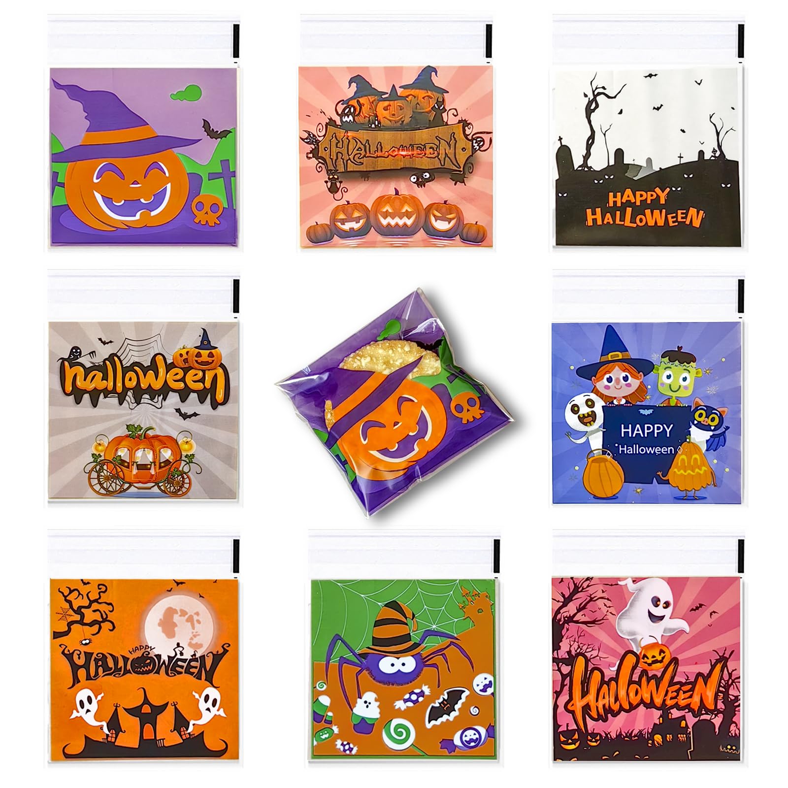 AXYEEUR 200 Pcs Halloween Candy Bags,8 Styles Halloween Self Adhesive Cookie Bags, Clear Cellophane Treat Bags for Halloween Party Favor Supplies