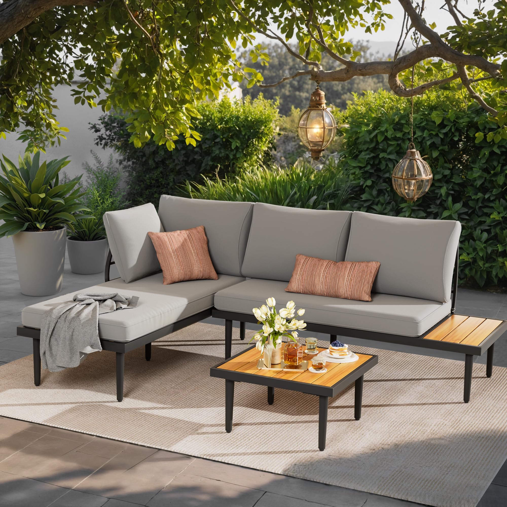 Devoko Outdoor Sectional Furniture Patio Sectional Sofa with Acacia Wood Table, Patio L-Shaped Conversation Set with All-Weather Cushion for Patio,Garden,Backyard(Gray)