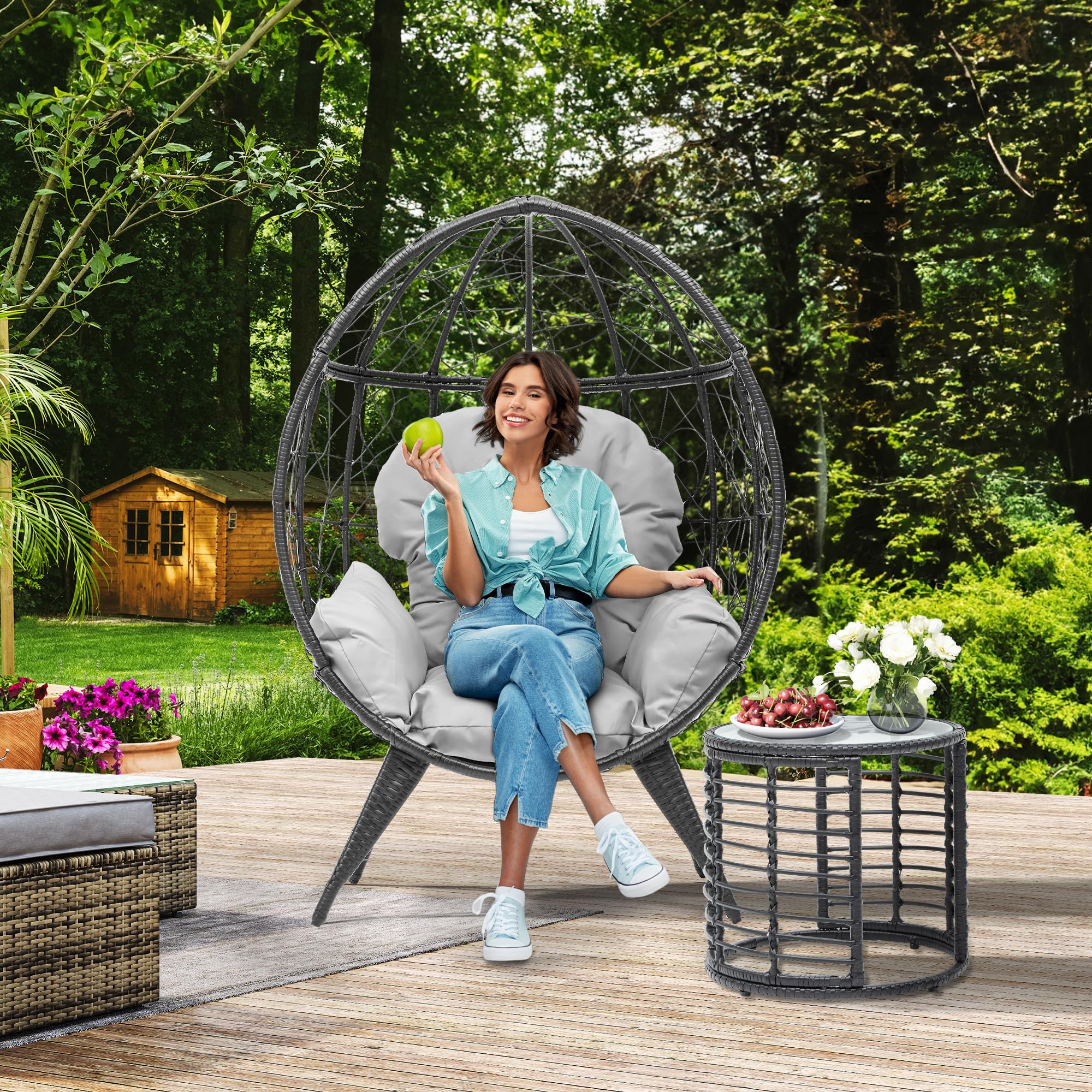 YITAHOME Egg Chair with Table Outdoor Egg Lounge Chair with Cushion Wicker Chair PE Rattan Chair Table Included for Patio, Garden, Backyard, Porch, Gray