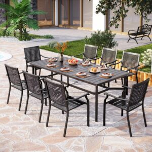 PHI VILLA 9 Pieces Outdoor Dining Set for 8, Large Rectangular Metal Dining Table with Umbrella Hole & Stackable Wrought Iron Chairs, Dining Furniture for Patio, Deck, Yard, Porch