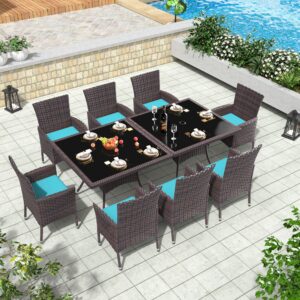 trumbeak 10 piece outdoor dining set,rattan patio conversation set of 8 chairs,patio dining table and chairs w/cushions,square glass tabletop,umbrella cutout for patio,blue