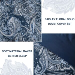 Navy Paisley Duvet Cover Set Queen Size - 3 Pieces Navy Blue Boho Paisley Pattern Printed Bedding Set, Breathable Soft Microfiber Comforter Duvet Cover with Zipper Closure & Corner Ties (90''X90'')