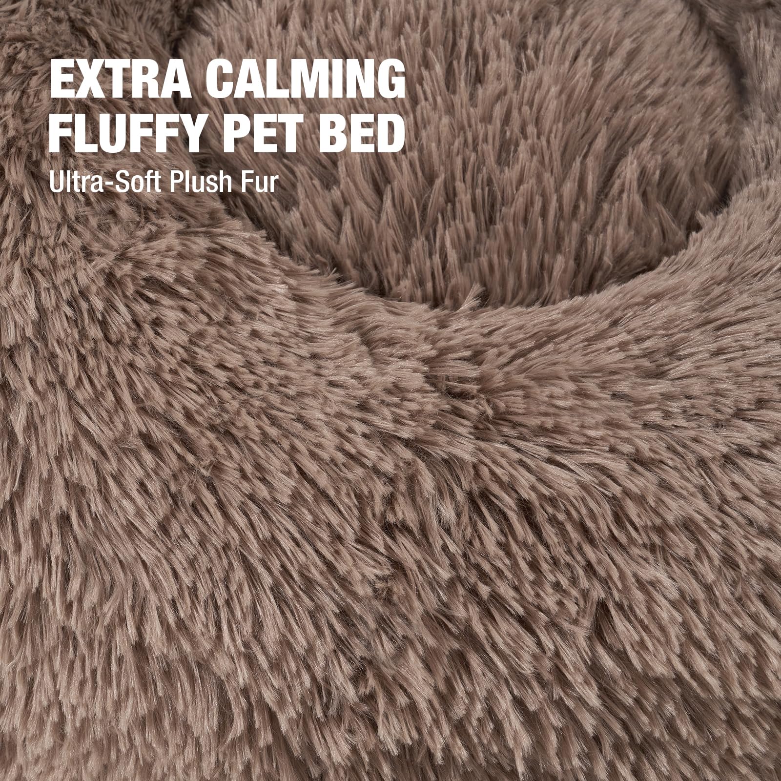 Veehoo Calming Donut Cat Bed for Small Cats Dogs-Round Small Cat Dog Bed, Anti Anxiety Fluffy Faux Plush Cuddler Washable Puppy Bed, Warming Soft Cushion Pet Bed Fits up to 15 lbs Pet, 20", Camel