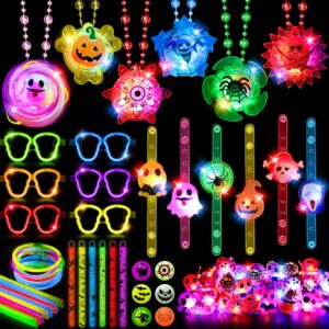 96 pcs halloween party favors toys bulk,halloween light up rings glow sticks spin necklace,halloween treats non-candy goodie bag fillers basket stuffers classroom prizes gifts for kids trick or treats