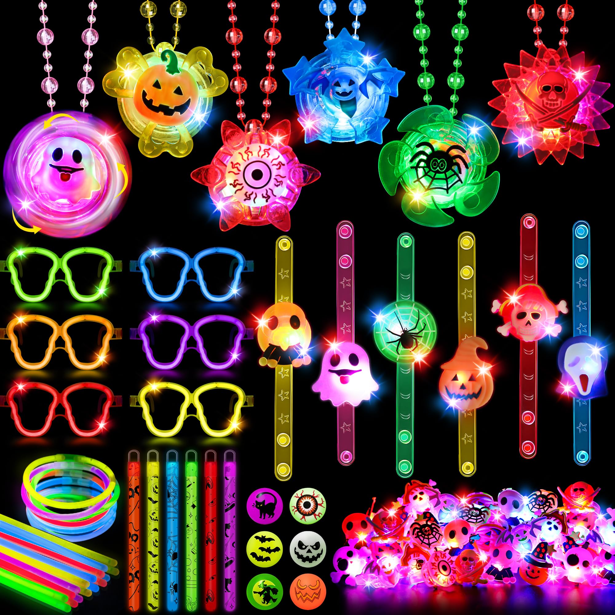 96 Pcs Halloween Party Favors Toys Bulk,Halloween Light Up Rings Glow Sticks Spin Necklace,Halloween Treats Non-Candy Goodie Bag Fillers Basket Stuffers Classroom Prizes Gifts for Kids Trick or Treats