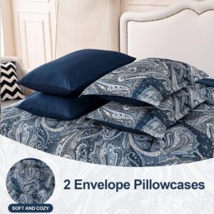 Navy Paisley Duvet Cover Set Queen Size - 3 Pieces Navy Blue Boho Paisley Pattern Printed Bedding Set, Breathable Soft Microfiber Comforter Duvet Cover with Zipper Closure & Corner Ties (90''X90'')