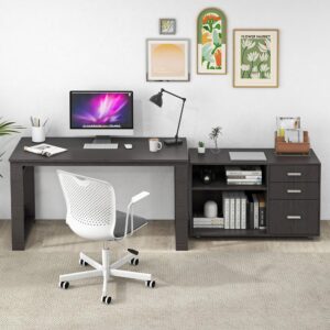 MU Gray L Shaped Desk with Drawers, Corner Desk with 3 Drawers and 2 Shelve, Executive Office Desk with Storage File Cabinet for Home Office Workstation, Bedroom, 55 inch