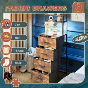 Nightstand 4 Drawer Dresser with LED Lights, Charging Station, Vertical Side Table with Fabric Drawers, End Table with 3 Open Shelves, Tall Dresser for Bedroom, Hallway, Entryway, Rustic Brown