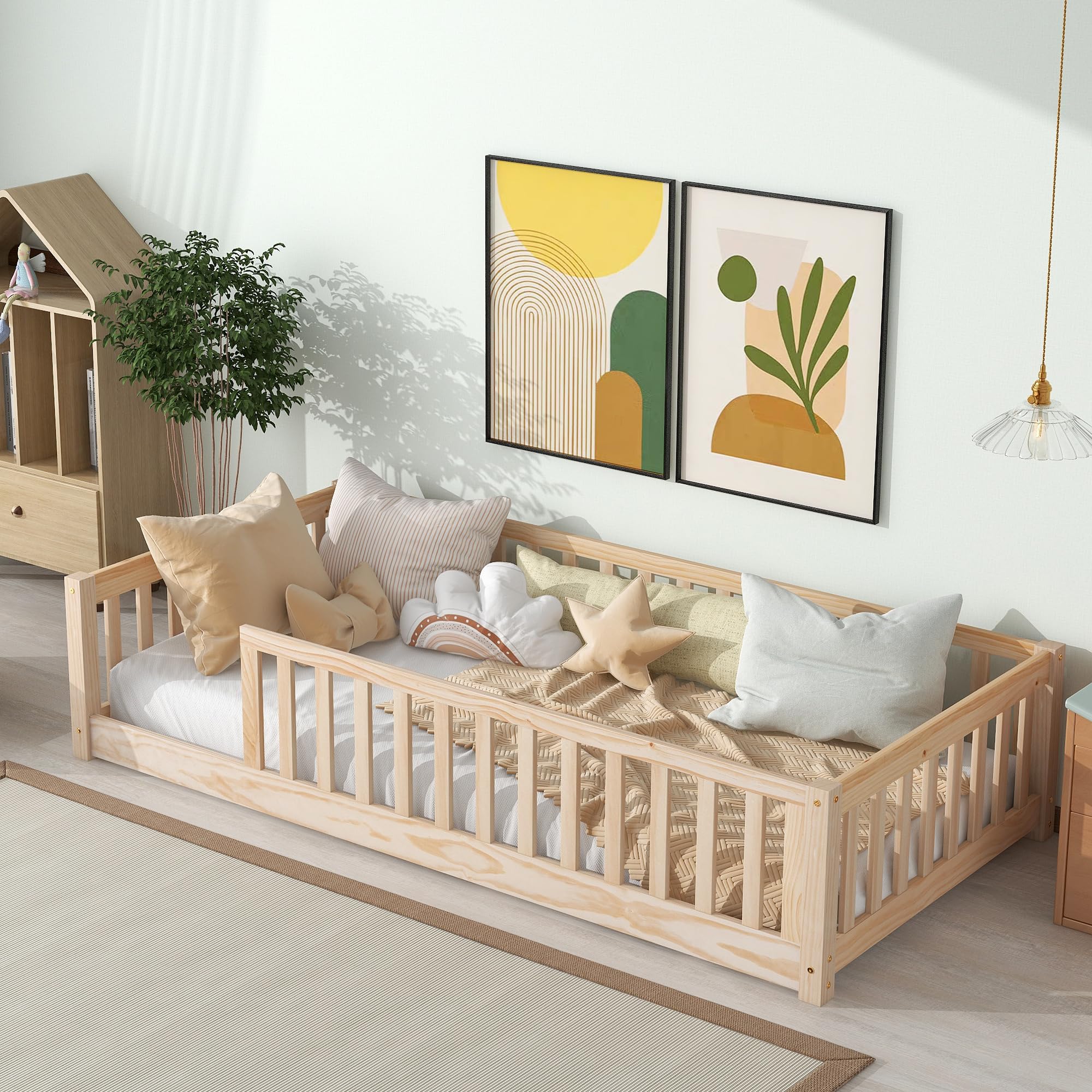 Brafab Montessori Floor Bed with Safety Guardrails and Door, Twin Size Solid Pine Wood Floor Bed Frame with Slats, Full Length Fence for Girls, Boys, Child Bedroom, Kids Playroom (Natural)