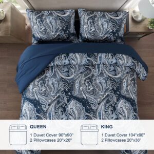 Navy Paisley Duvet Cover Set Queen Size - 3 Pieces Navy Blue Boho Paisley Pattern Printed Bedding Set, Breathable Soft Microfiber Comforter Duvet Cover with Zipper Closure & Corner Ties (90''X90'')