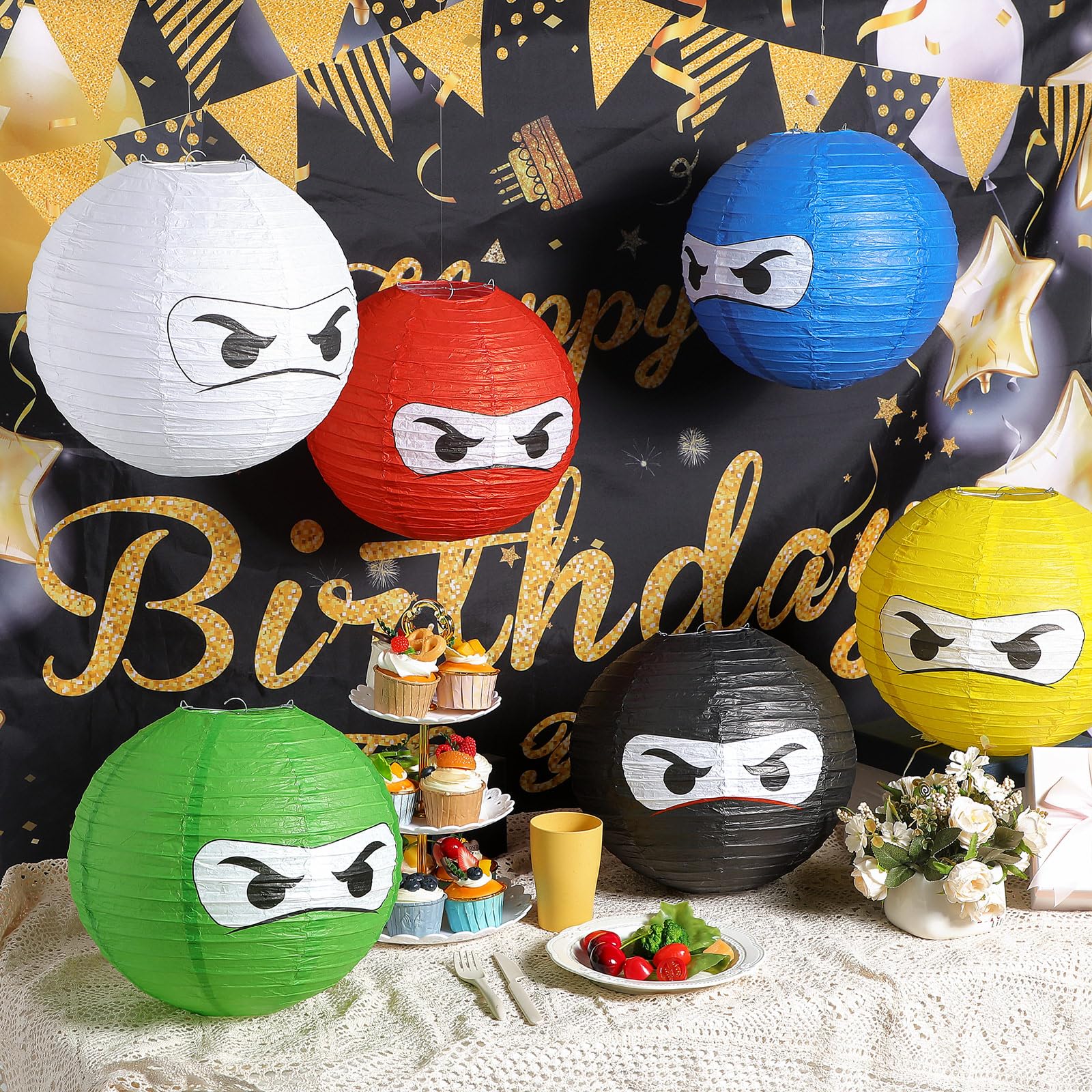 Glooglitter 6 Pcs Ninja Themed Paper Lanterns 12 Inch Ninja Birthday Party Hanging Paper Lanterns for Boys Girls Adults Ninja Birthday Party Baby Shower Decoration