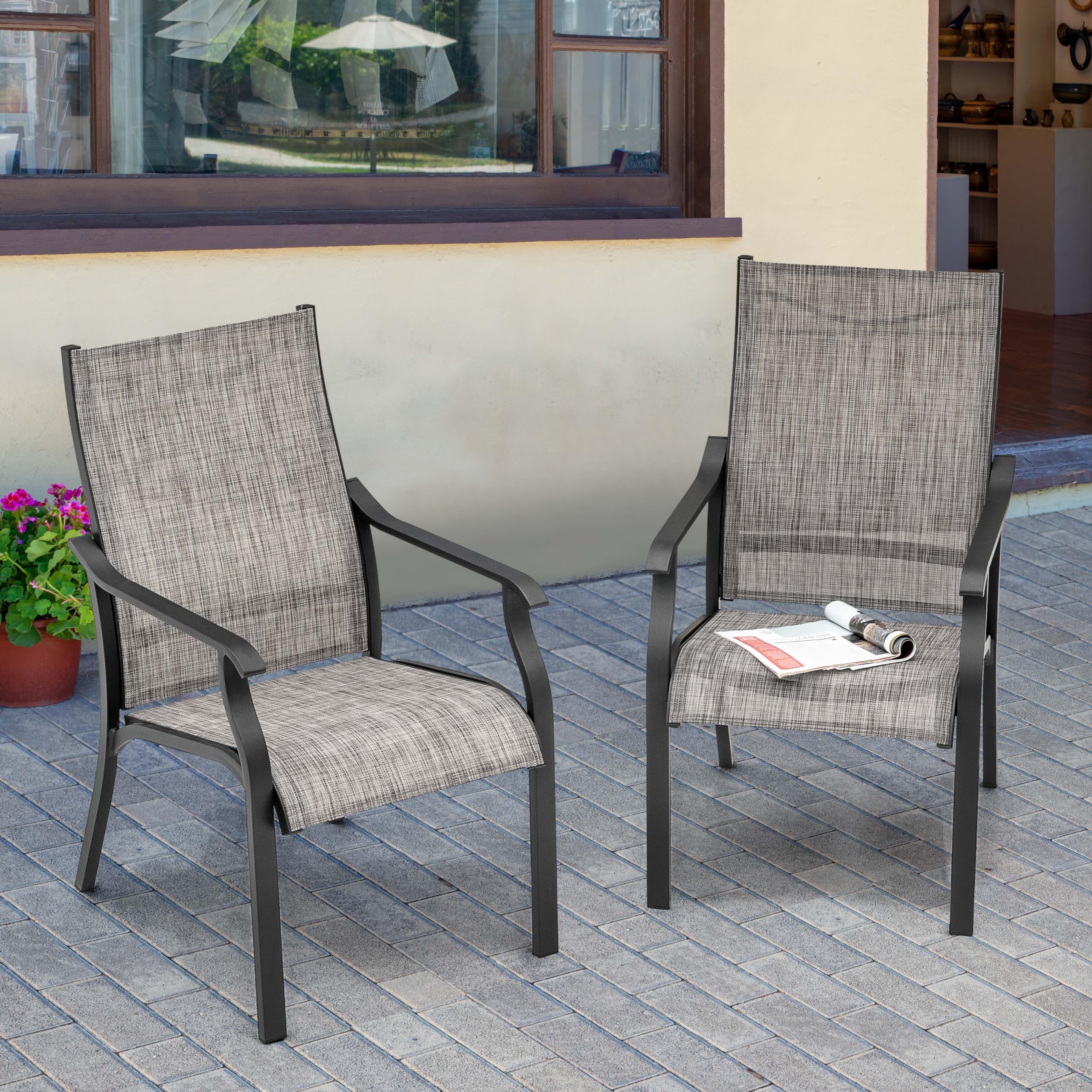 NUU GARDEN Patio Dining Chairs Set of 2,Aluminum Outdoor Dining Chairs Lightweight Stackable Textilene Patio Dining Chair with Armrest for Lawn Garden Backyard Pool,Grayish Brown