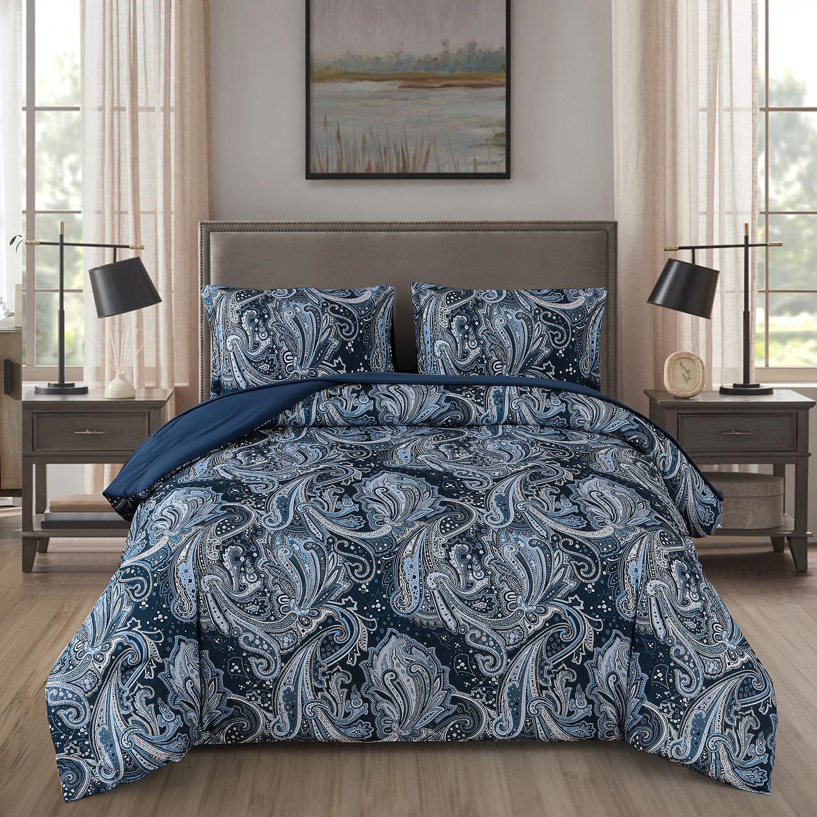 Navy Paisley Duvet Cover Set Queen Size - 3 Pieces Navy Blue Boho Paisley Pattern Printed Bedding Set, Breathable Soft Microfiber Comforter Duvet Cover with Zipper Closure & Corner Ties (90''X90'')