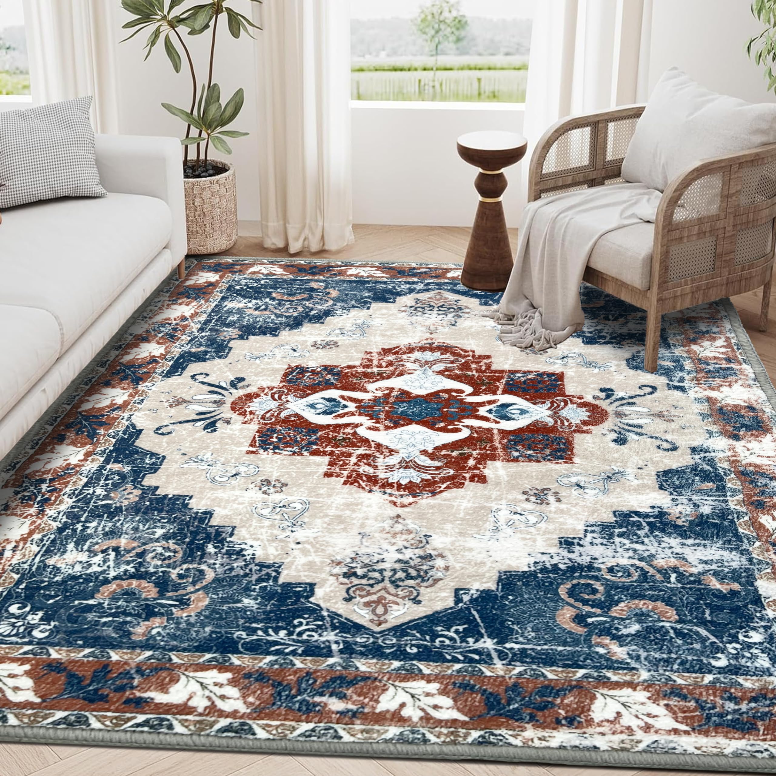 FAIOKAVER Washable Boho 3'x5' Area Rug - Non Slip, Foldable Indoor Carpet for Living Room, Bedroom, Kitchen-Easy to Clean, Durable and Stylish,Multi Color