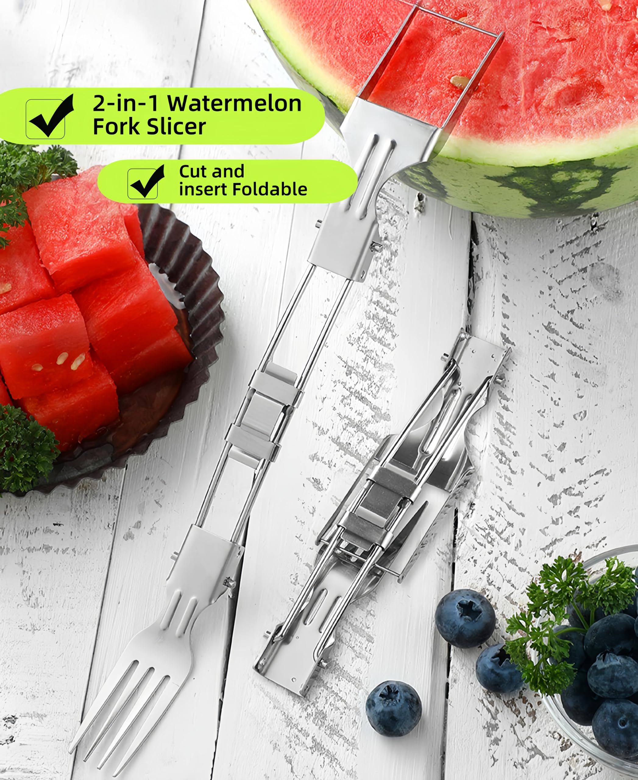 2 Pcs Watermelon Cutter Slicer Tool 2-In-1 Stainless Steel Fruit Cutter Summer Dual Head Foldable Portable Fruit Cutting Fork for Home Party Camping Kitchen Gadget (2)