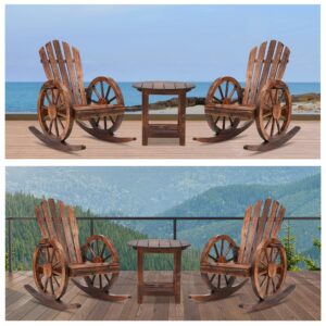 Spurgehom 3 Pieces Outdoor Wood Rocking Chair Set, 2 Patio Decor Yard Glider Rocking Chairs with 1 Side Table, Adirondack Rocking Chair for Porch Lawn Garden Balcony Poolside, Brown