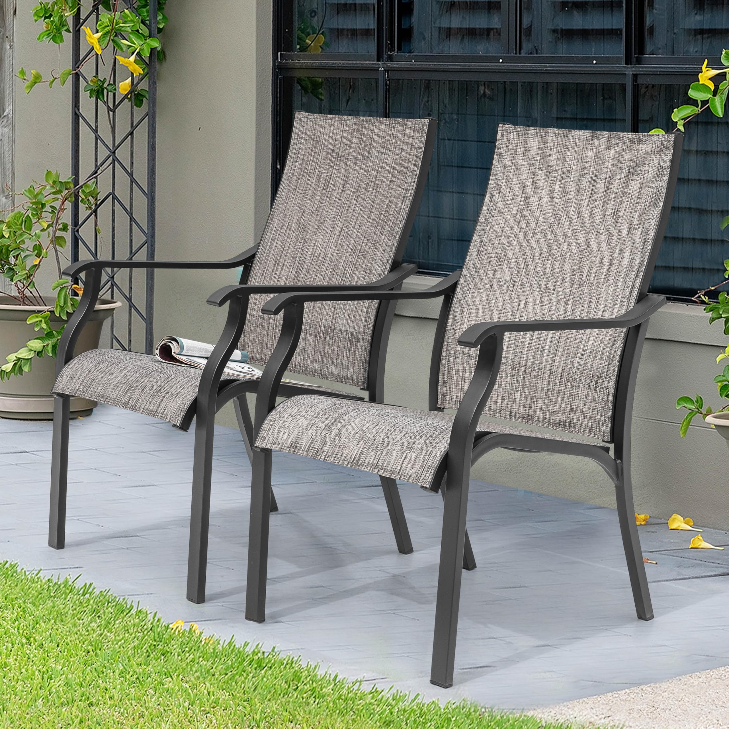 NUU GARDEN Patio Dining Chairs Set of 2,Aluminum Outdoor Dining Chairs Lightweight Stackable Textilene Patio Dining Chair with Armrest for Lawn Garden Backyard Pool,Grayish Brown