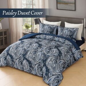 Navy Paisley Duvet Cover Set Queen Size - 3 Pieces Navy Blue Boho Paisley Pattern Printed Bedding Set, Breathable Soft Microfiber Comforter Duvet Cover with Zipper Closure & Corner Ties (90''X90'')