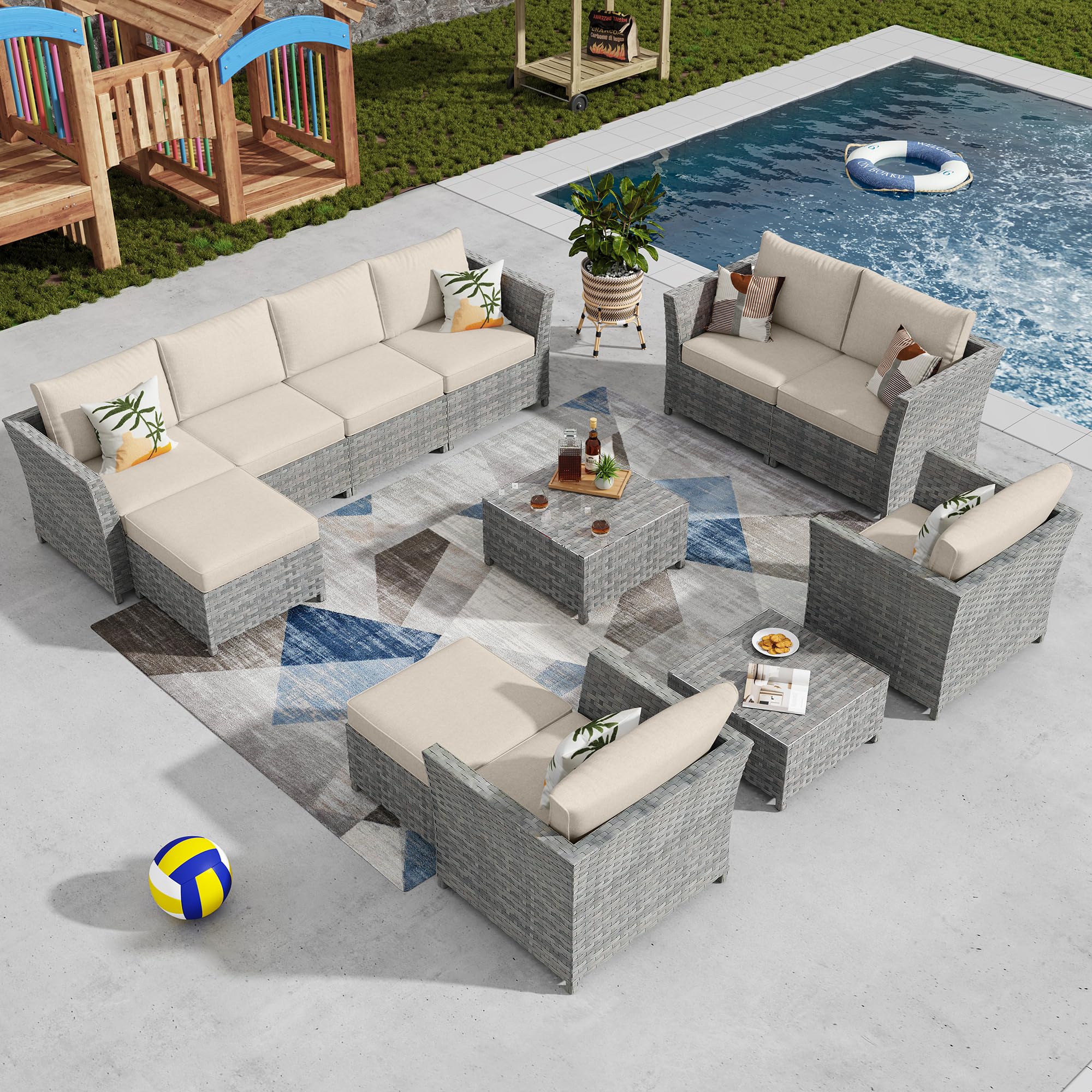 CAODOC 12 Pieces Outdoor Patio Furniture Set Sectional Sofa Sets Gray PE Rattan Patio Conversation Set w/Beige Seat Cushions and 2 Coffee Tables