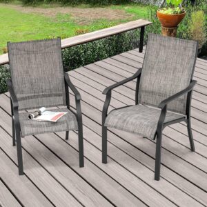 NUU GARDEN Patio Dining Chairs Set of 2,Aluminum Outdoor Dining Chairs Lightweight Stackable Textilene Patio Dining Chair with Armrest for Lawn Garden Backyard Pool,Grayish Brown