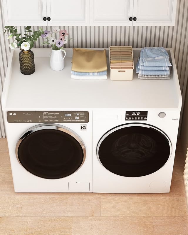 RRWJVU Washer Dryer Countertop,27.5" x 54" Solid Wood Countertop with Anti- Slip Pad for Laundry Room Organization. White