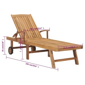 GeoHome Sun Lounger with Wheels | Adjustable Chaise Lounge with Footrest | Rustic Patio Sunlounger with Pull-Out Table | Outdoor Wooden Garden Lounge Chair | Brown Solid Teak Wood