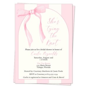 bridal shower invitation coquette pink bow she's tying the knot classy vintage striped customized personalized printed cards (12 count)