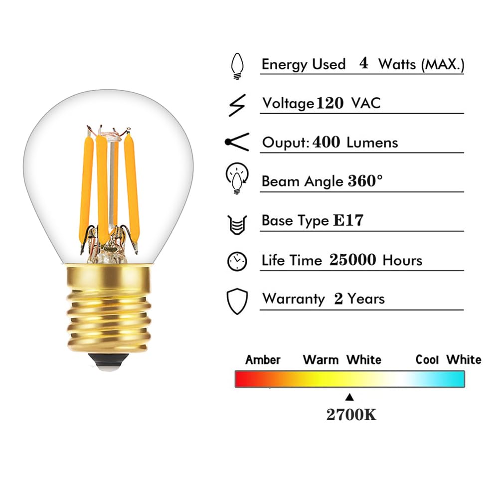 Tsunetani-S11 LED Bulb Filament 4W Equivalent to 40 Watt Incandescent Appliance Bulb- E17 Intermediate Base Mini Globe Light Bulbs 2700K Warm White for Cabinet, Closet, Exit Sign Light Bulb - 2Pack