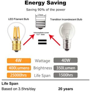 Tsunetani-S11 LED Bulb Filament 4W Equivalent to 40 Watt Incandescent Appliance Bulb- E17 Intermediate Base Mini Globe Light Bulbs 2700K Warm White for Cabinet, Closet, Exit Sign Light Bulb - 2Pack