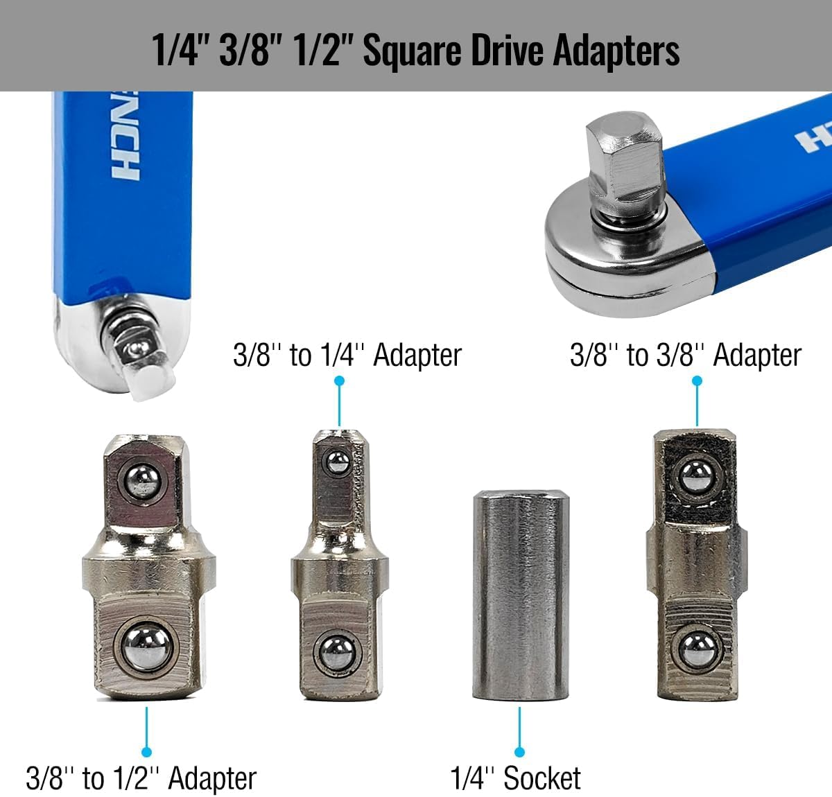 blueVVellow Bias extension wrench with 1/2 "", 1/4"", and 3/8 ""square drive adapter, suitable for small area universal extension wrenches, extension wrench kit, impact bias extension wrench