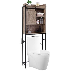 giantex over the toilet storage cabinet - freestanding bathroom organizer rack with adjustable shelf, sliding barn door, paper holder, bathroom space saver, above toilet storage cabinet (grey)