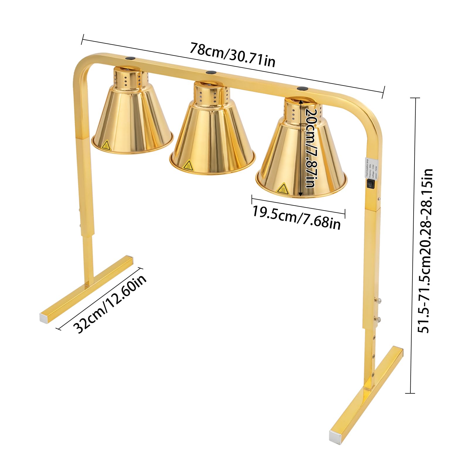 Food Heat Lamp, 3-Head Food Warming Lamp with Height-Adjustable 20.28-28.15 in, Tabletop Food Warmer with 3*Tungsten Bulbs for Restaurant Kitchen, Commercial Powerful Food Warmers 110V 750W (Gold)