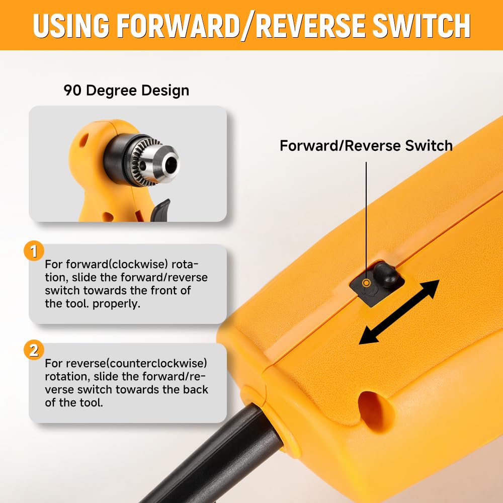 Hoteche 3/8-Inch Right Angle Drill, 3.8A Electric Corded Power Drill with Variable Speed 0-1400 RPM, Forward & Reverse Switch, Compact Design for Tight Spaces