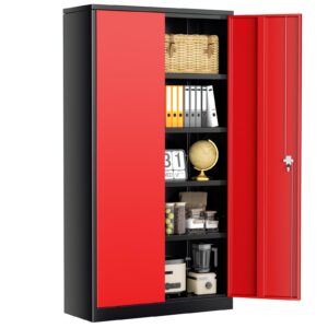 intergreat metal storage cabinet, 72" tall locking storage cabinet with 2 doors and 4 adjustable shelves, steel tool locking cabinet for home office, warehouse, school (black red)