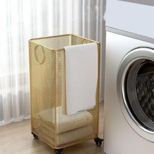 Square Rolling Hamper, Laundry Basket with Wheels and Handle, Metal Laundry Basket with 360° Wheels, Iron Construction and Ventilated Design, Laundry Room Storage Basket(Gold)